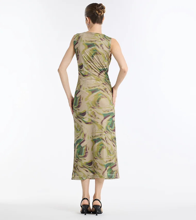 بي سي بي جي BCBG Gen Sleveless Ruched Printed Mesh Dress