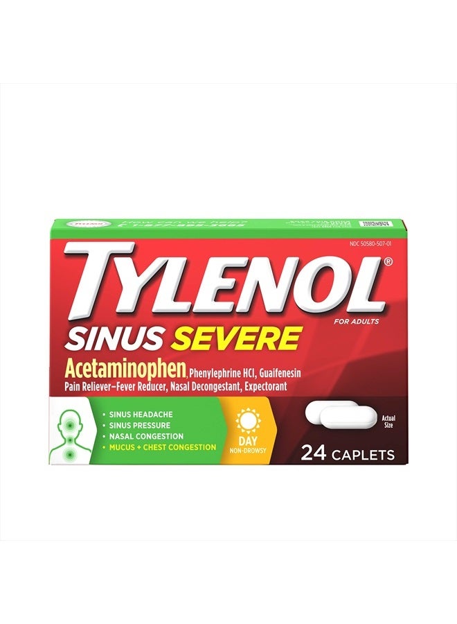 Tylenol دواء سينوس لراحة البرد والإنفلونزا الشديدة خلال النهار، مسكن غير مسبب للنعاس، خافض للحرارة، طارد للبلغم ومزيل للاحتقان، أسيتامينوفين، جوايفينيسين وفينيل إيفرين HCl، 24 حبة - Image 1