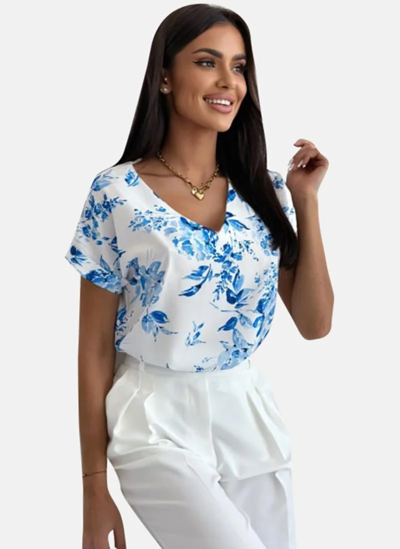 يونيكي Blue Floral Short Sleeve V Neck Tunics