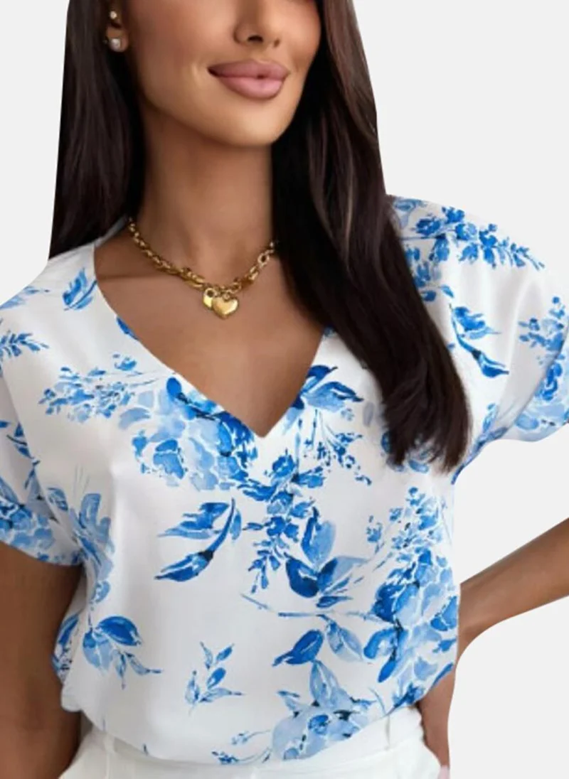 يونيكي Blue Floral Short Sleeve V Neck Tunics