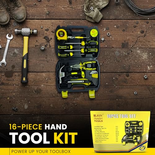 Jon Bhandari Tools 16pc Premium Hand Tool Kit Set for Home, DIY, Professional Use – Household Repair & Maintenance Tool Box with Screwdriver, Plier, Claw Hammer, Utility Knife, Hex Key, Measuring Tape - Image 2