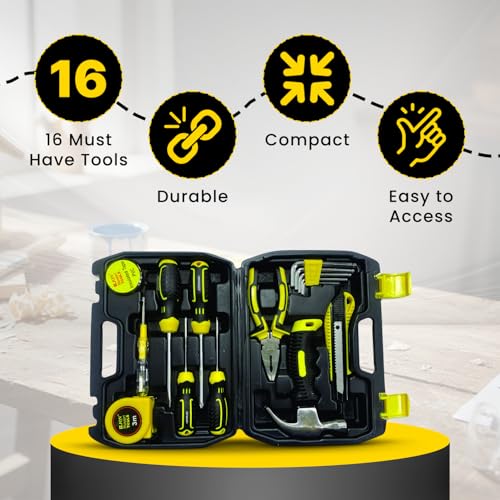 Jon Bhandari Tools 16pc Premium Hand Tool Kit Set for Home, DIY, Professional Use – Household Repair & Maintenance Tool Box with Screwdriver, Plier, Claw Hammer, Utility Knife, Hex Key, Measuring Tape - Image 3