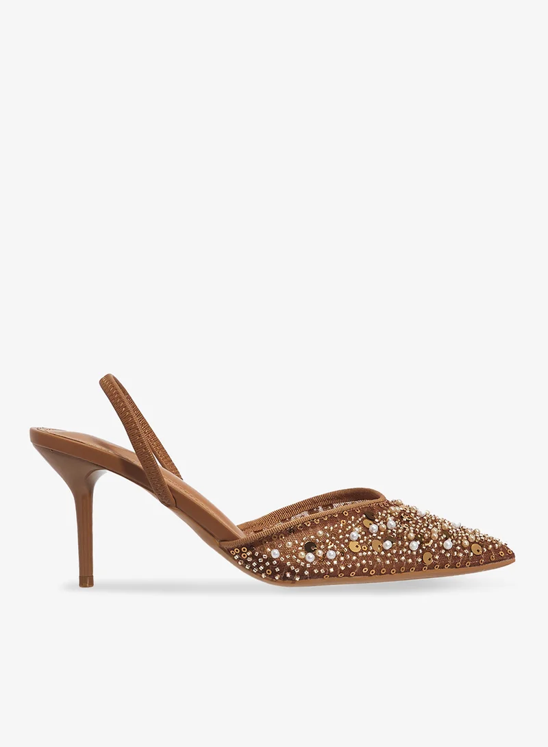 Sequin Detail Embellished Mid Heel Pumps