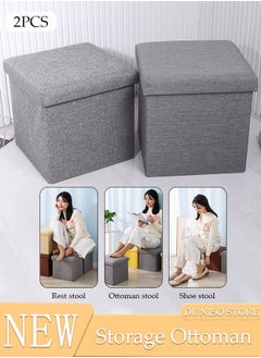 2 pack Linen Folding Storage Stool with Lid Storage Ottoman Cube Footrest Stool Under Desk Stool Short Ottoman Folding Ottoman Linen Cloth Light