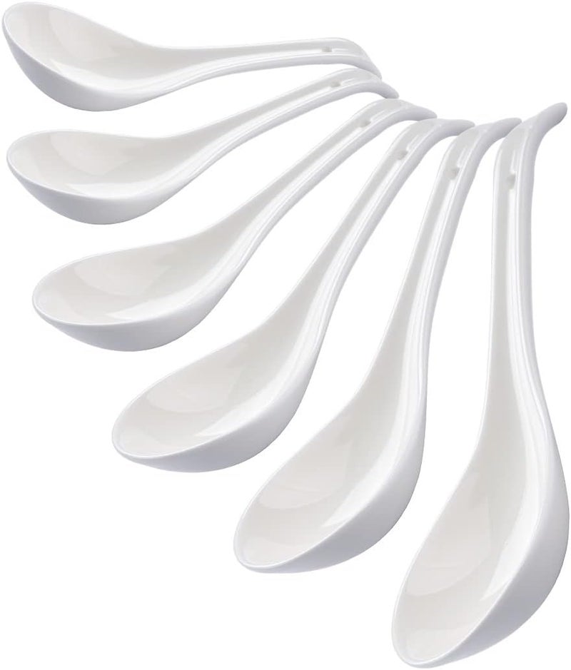 CHILDIKE Ceramic Asian Soup Spoons, White Pocelain Chinese/Japanese Soup Spoons for Cereal, Ramen Pho 6.6 Inch, Set of 6 - Deep Oval Hook Design - Image 1