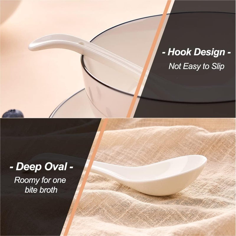 CHILDIKE Ceramic Asian Soup Spoons, White Pocelain Chinese/Japanese Soup Spoons for Cereal, Ramen Pho 6.6 Inch, Set of 6 - Deep Oval Hook Design - Image 4