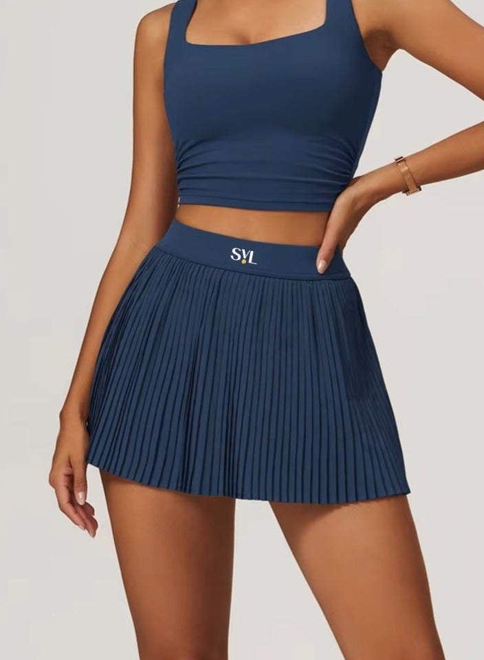 SVL High-Waist Padel & Tennis Skirt with Built-in Shorts and Pocket - Navy Blue - SVL - Image 1