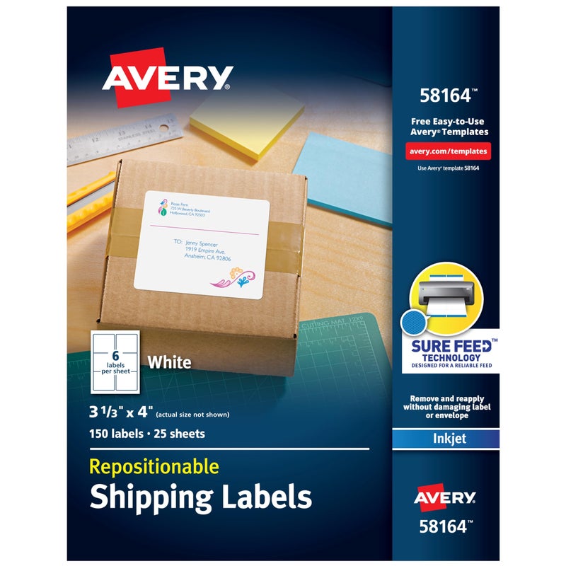Avery Repositionable Shipping Labels for Inkjet Printers 3-1/3 x 4, Box of 150 (58164) - Image 1