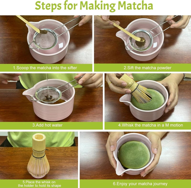GEXHSRGD Matcha Whisk Set 6 pc Kit - Traditional Japanese Chasen, Bamboo Whisk Holder, Ceramic Bowl with Spout, Sifter & 2 pc Spoons - matcha kit set, Gift for Matcha Tea Lovers(Pink) - Image 5