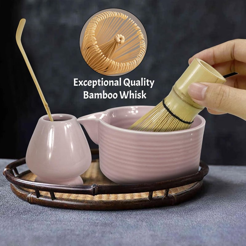GEXHSRGD Matcha Whisk Set 6 pc Kit - Traditional Japanese Chasen, Bamboo Whisk Holder, Ceramic Bowl with Spout, Sifter & 2 pc Spoons - matcha kit set, Gift for Matcha Tea Lovers(Pink) - Image 4