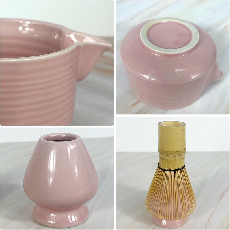 GEXHSRGD Matcha Whisk Set 6 pc Kit - Traditional Japanese Chasen, Bamboo Whisk Holder, Ceramic Bowl with Spout, Sifter & 2 pc Spoons - matcha kit set, Gift for Matcha Tea Lovers(Pink) - Image 2
