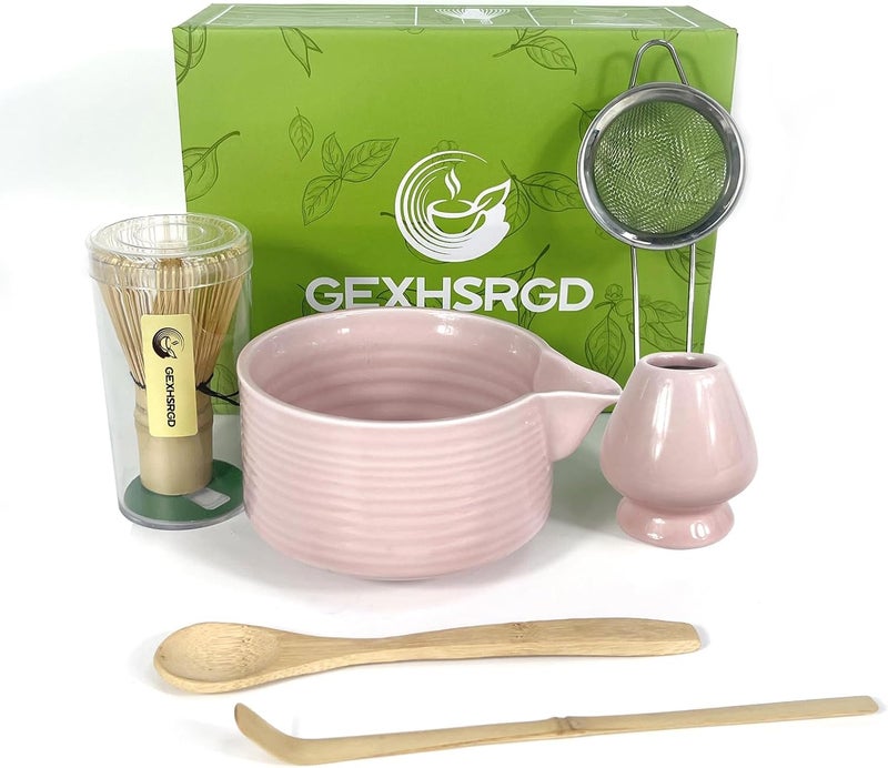 GEXHSRGD Matcha Whisk Set 6 pc Kit - Traditional Japanese Chasen, Bamboo Whisk Holder, Ceramic Bowl with Spout, Sifter & 2 pc Spoons - matcha kit set, Gift for Matcha Tea Lovers(Pink) - Image 1