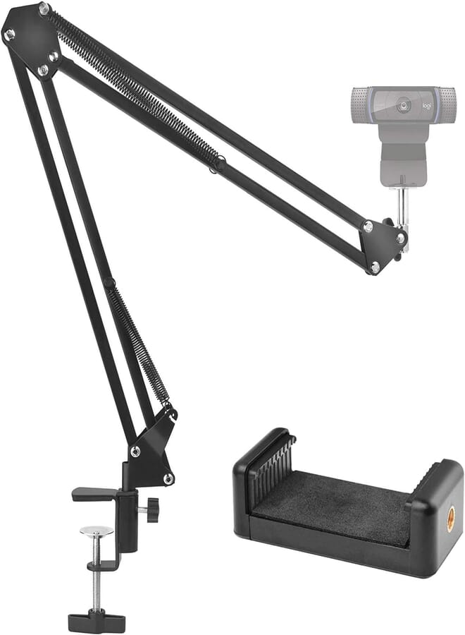 SHOPEE Webcam Stand, 28" Webcam Camera Clamp Mount Adjustable Desktop Suspension Boom Scissor Tripod Stand Built-in 1/4" Screw Flexible Long Arm Swivel Holder with Mobile Clip Holder(Black)