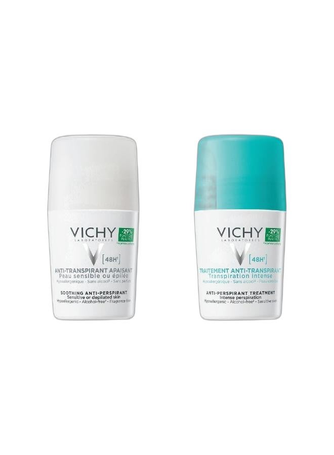 VICHY 48 Hours Anti Perspirant Deodorant For Sensitive Skin White 50ml & 48 Hours Anti Perspirant Deodorant Intensive Treatment White/Blue 50ml Bundle - Image 1