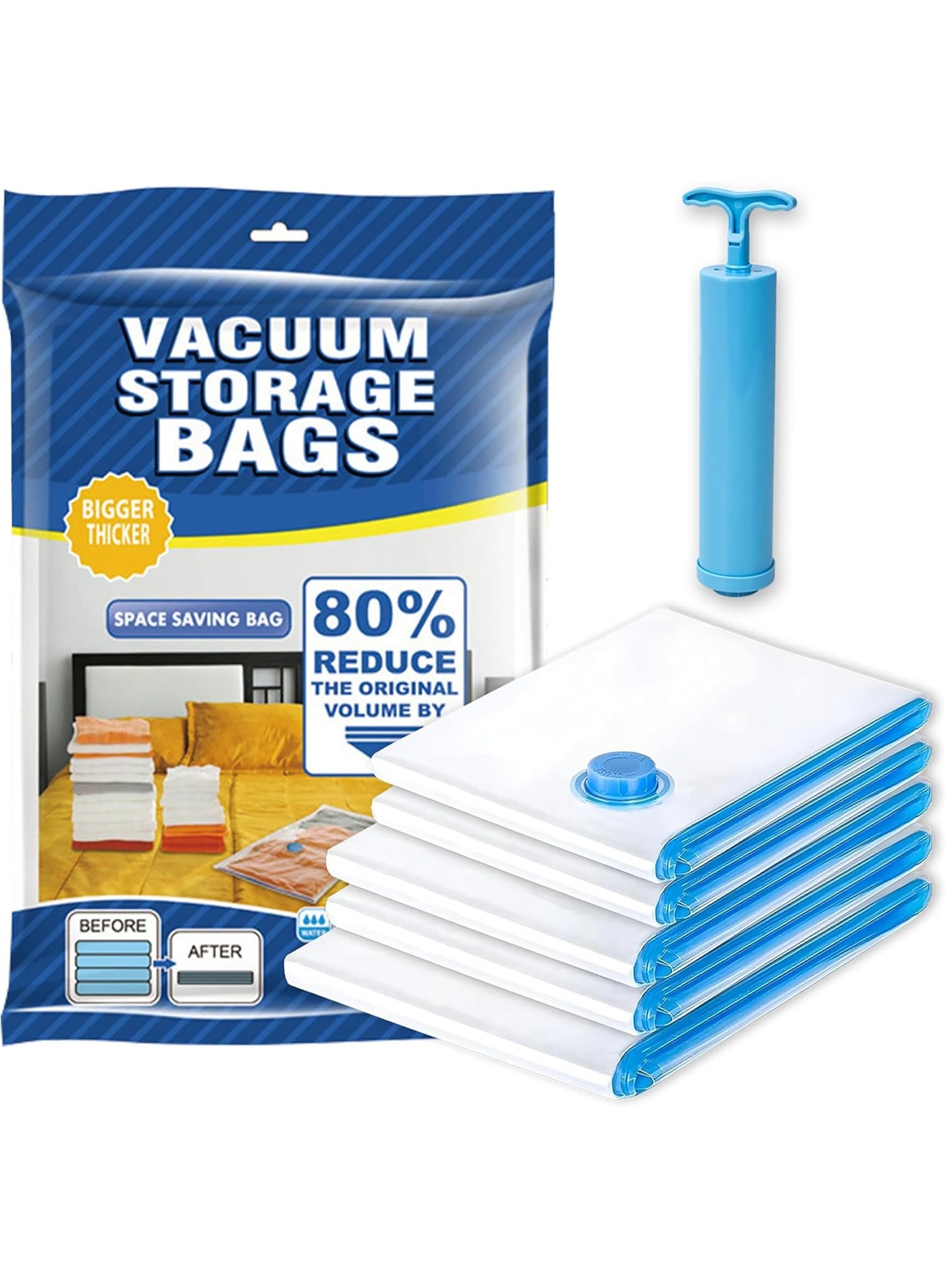 6 Pack Vacuum Storage Bags, Space Saver Bags With Suction Pump, Vacuum Sealer Bags For Store Clothing, Comforters, Blankets, And Other Bedding. 80 * 100 cm