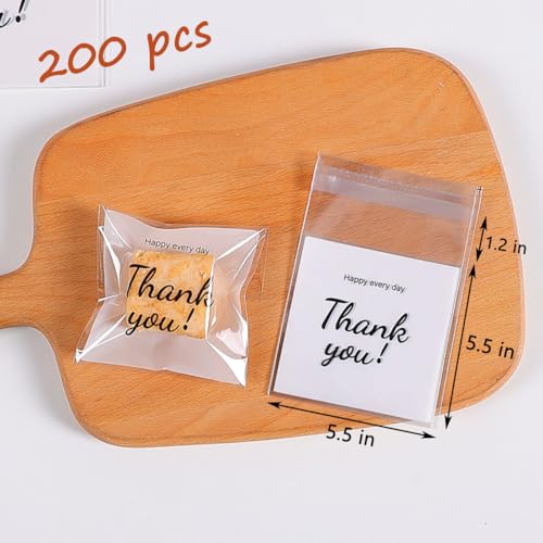 LTGICH 200PCS Self Adhesive Cookie Bags, 5.9x5.9 inch Thank You Printed Treat Bags, Cookie Bakery Decorating favor bags, DIY Plastic Individual Biscuit Candy Bags - Image 2