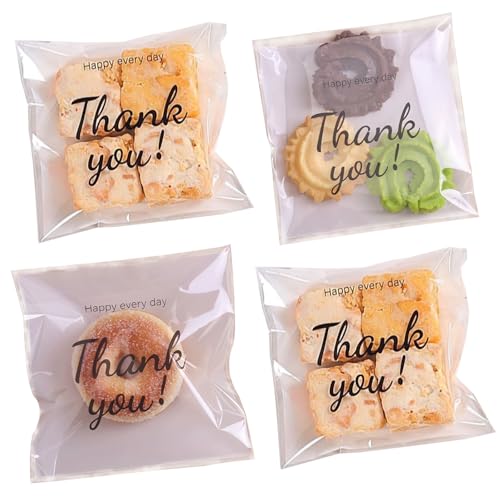 LTGICH 200PCS Self Adhesive Cookie Bags, 5.9x5.9 inch Thank You Printed Treat Bags, Cookie Bakery Decorating favor bags, DIY Plastic Individual Biscuit Candy Bags - Image 1