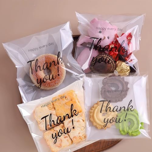 LTGICH 200PCS Self Adhesive Cookie Bags, 5.9x5.9 inch Thank You Printed Treat Bags, Cookie Bakery Decorating favor bags, DIY Plastic Individual Biscuit Candy Bags - Image 3