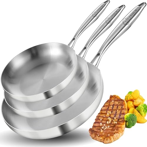 LOLYKITCH 8-10-12 Inch Tri-Ply Stainless Steel Frying Pan Set of 3,Chef's Pans,Skillets,Induction Cookware,Pots and Pans Set,Dishwasher and Oven Safe. - Image 1