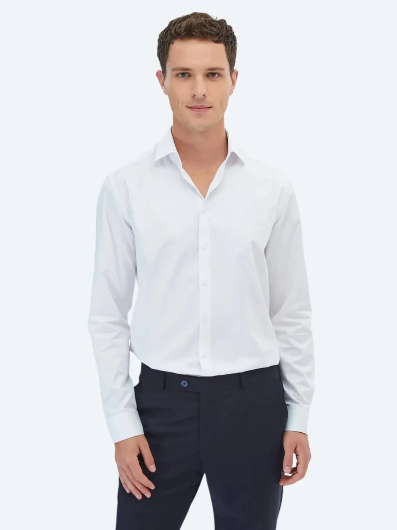 Kip White Plain Regular Fit Weaving Classical 100% Cotton Shirt