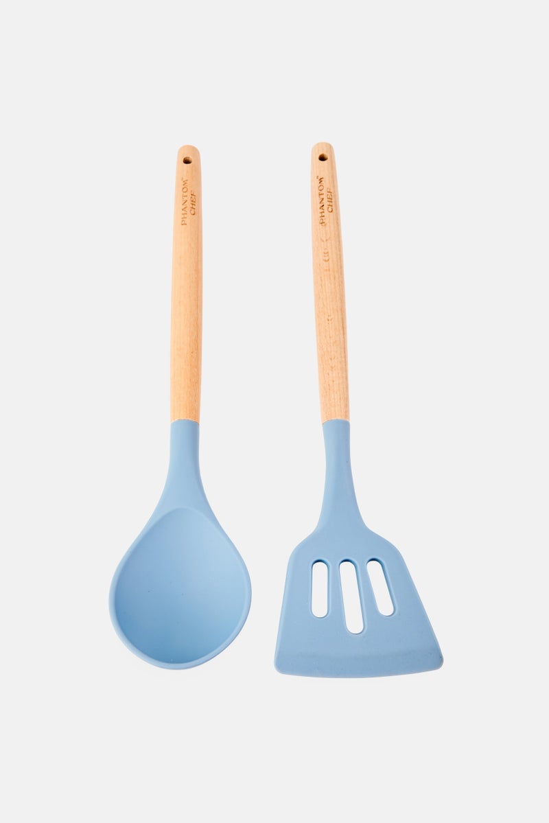 Phantom Chef 2 Pcs Silicone And Wood Slotted Turner Spoon Set, Slate Blue - Image 1