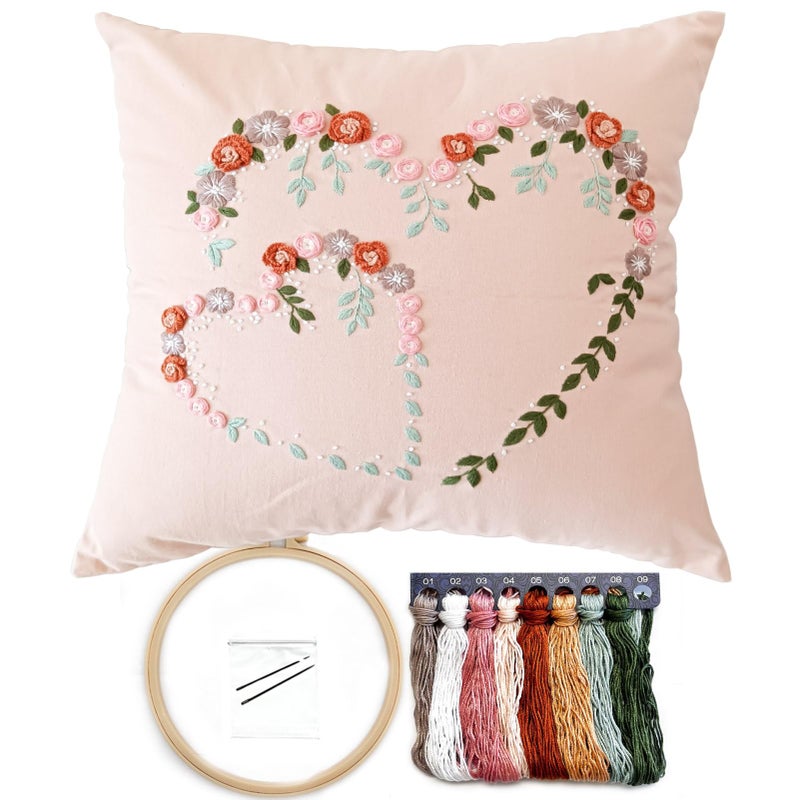 FONNUY Crewel Pillow Case Embroidery Kit Heart Shaped Loving You Floral Stamped Pattern Kits for Audlt Beginners Works Crafts Throw Pillow Cover Great Gift for Loved Ones 18 x 18 Coral - Image 3