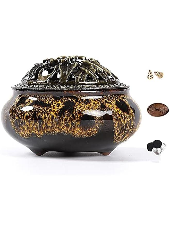 Arabest Ceramic Incense Burner for Stick or Coil Incense with Insulation, Sage Cones, and Frankincense Holder in Fambe Yellow Color - Image 1