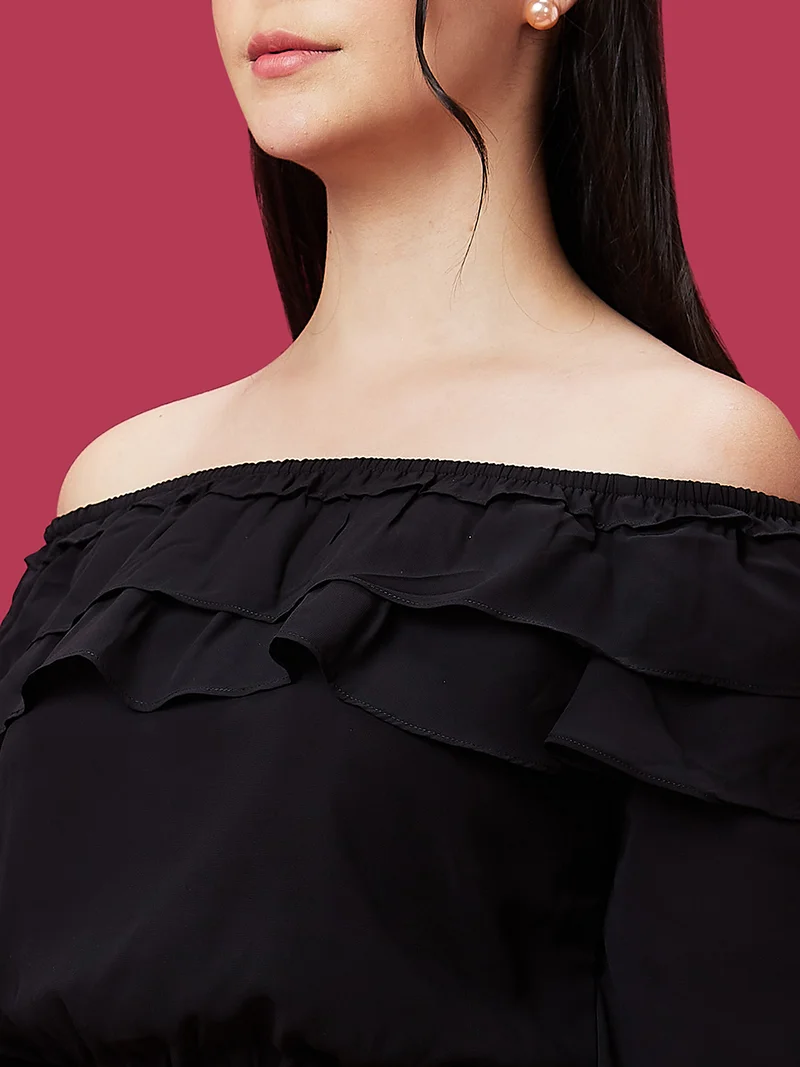 globus Women Black Off Shoulder Bell Sleeve Ruffles Bardot Crop Top