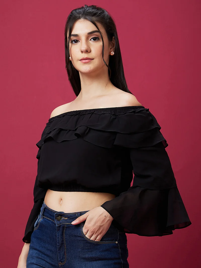 globus Women Black Off Shoulder Bell Sleeve Ruffles Bardot Crop Top
