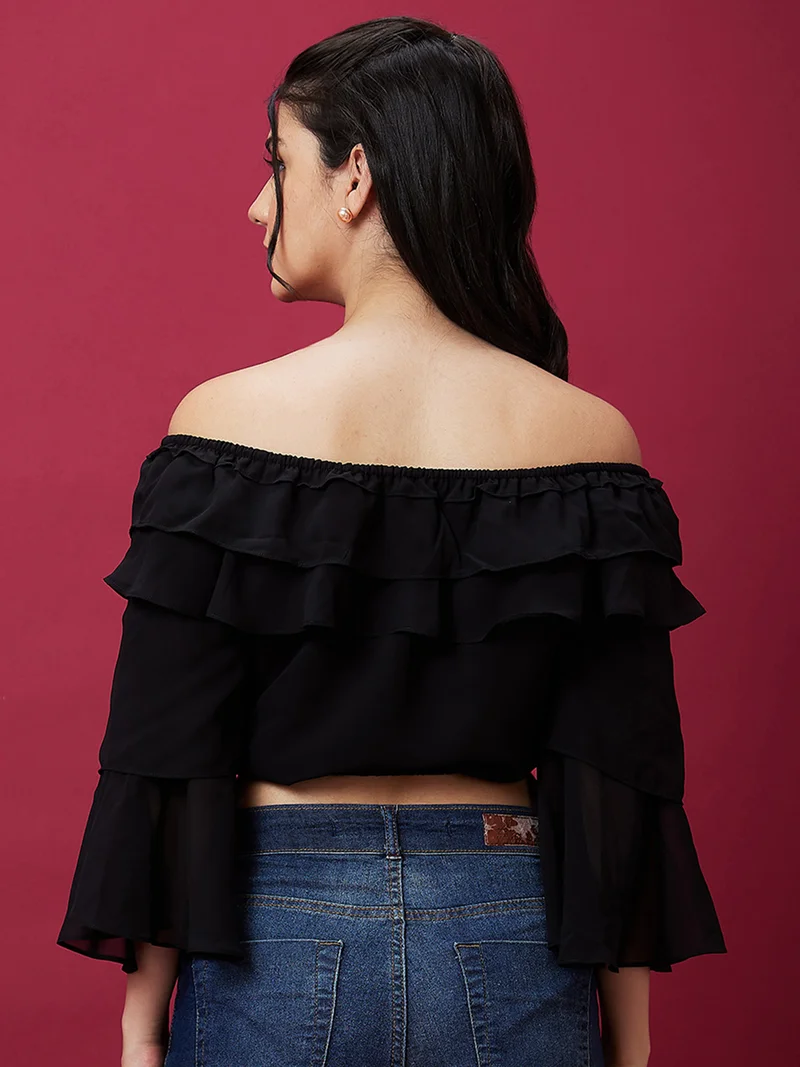 globus Women Black Off Shoulder Bell Sleeve Ruffles Bardot Crop Top