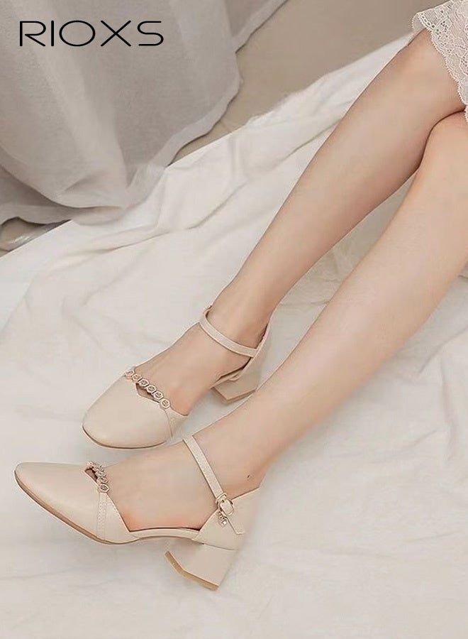 RIOXS Women's Mary Jane Heels, Chunky Block Heeled Shoe for Women, Closed Toe Heels, Ladies Classic Ankle Strap Pumps, Thick Heels Dressy Shoes for Mam, Fashion Pump Shoes with Buckle, Women's Comfort Shoes for Office/ Party/ Wedding/ Shopping Vacation/ Casual Wear, Womens Footwear Beige - Image 1