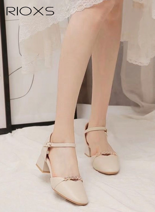 RIOXS Women's Mary Jane Heels, Chunky Block Heeled Shoe for Women, Closed Toe Heels, Ladies Classic Ankle Strap Pumps, Thick Heels Dressy Shoes for Mam, Fashion Pump Shoes with Buckle, Women's Comfort Shoes for Office/ Party/ Wedding/ Shopping Vacation/ Casual Wear, Womens Footwear Beige - Image 2