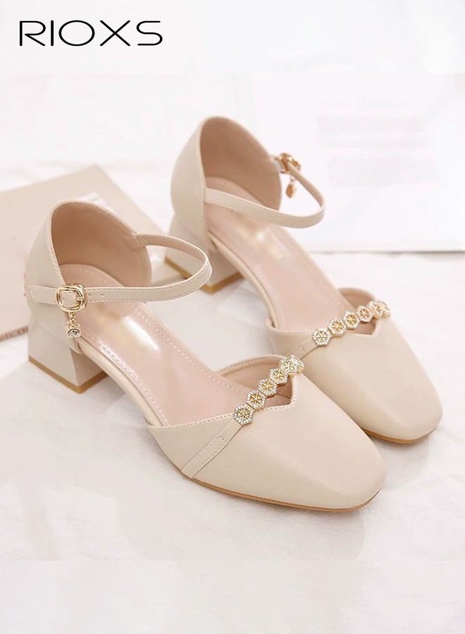 RIOXS Women's Mary Jane Heels, Chunky Block Heeled Shoe for Women, Closed Toe Heels, Ladies Classic Ankle Strap Pumps, Thick Heels Dressy Shoes for Mam, Fashion Pump Shoes with Buckle, Women's Comfort Shoes for Office/ Party/ Wedding/ Shopping Vacation/ Casual Wear, Womens Footwear Beige - Image 4