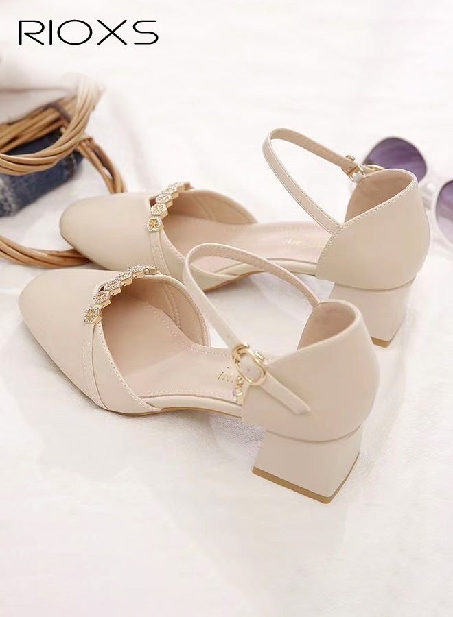RIOXS Women's Mary Jane Heels, Chunky Block Heeled Shoe for Women, Closed Toe Heels, Ladies Classic Ankle Strap Pumps, Thick Heels Dressy Shoes for Mam, Fashion Pump Shoes with Buckle, Women's Comfort Shoes for Office/ Party/ Wedding/ Shopping Vacation/ Casual Wear, Womens Footwear Beige - Image 5