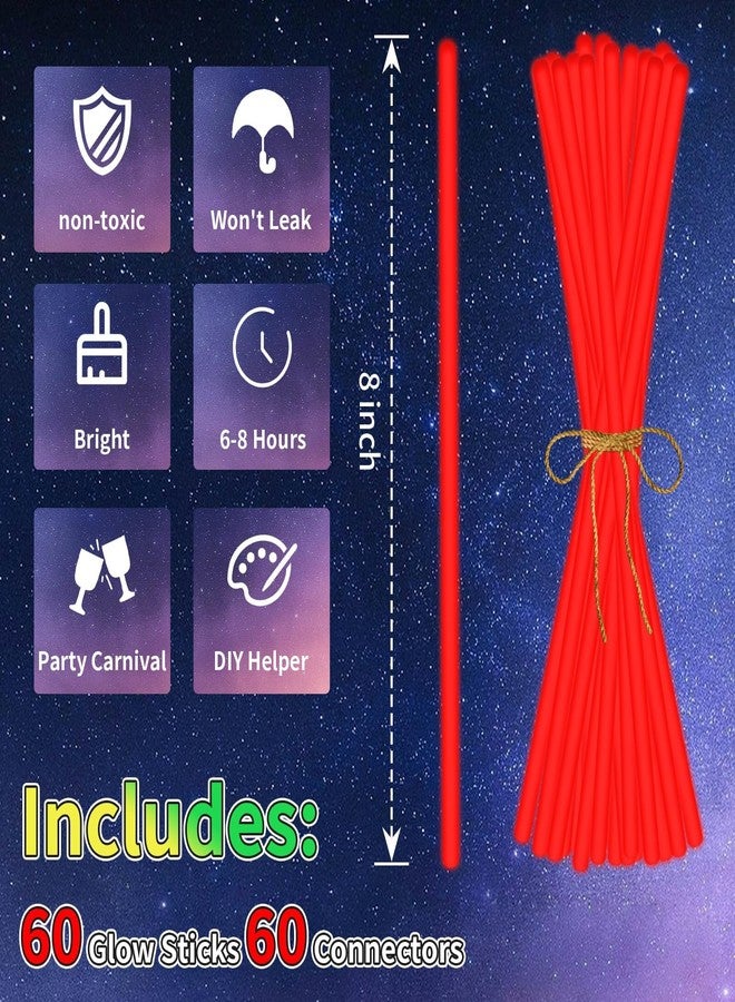 Taikula 60 Pack 8” Red Glow Sticks Bulk with 60 Connectors Neon Glow In The Dark Party favors Supplies for Holiday Birthday Party Decoration (Red) - Image 2
