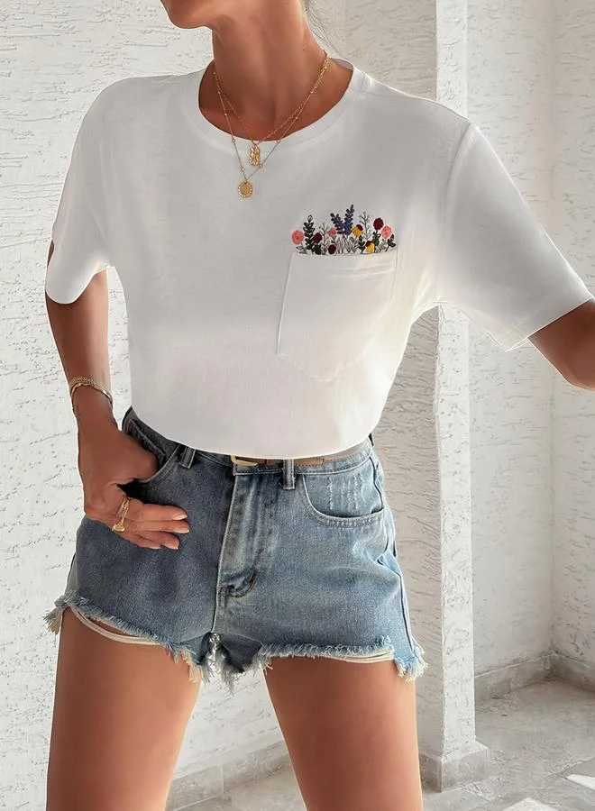 Take Two White Floral Embroidered Pocket Detail Top