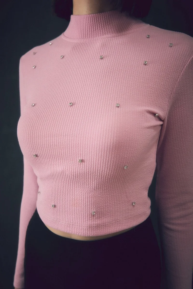 FullaModa Stone Detailed Crepe Fabric Blouse