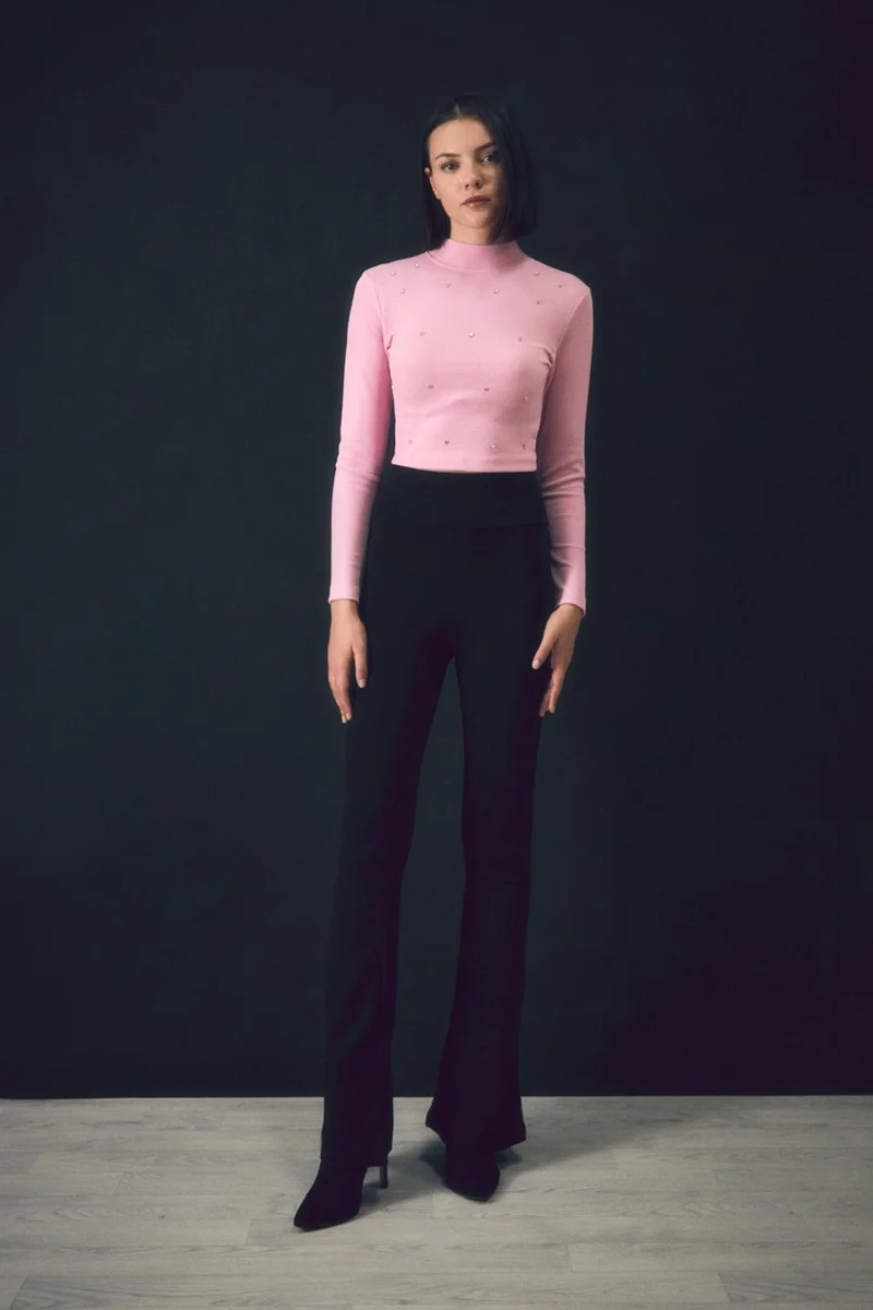 FullaModa Stone Detailed Crepe Fabric Blouse