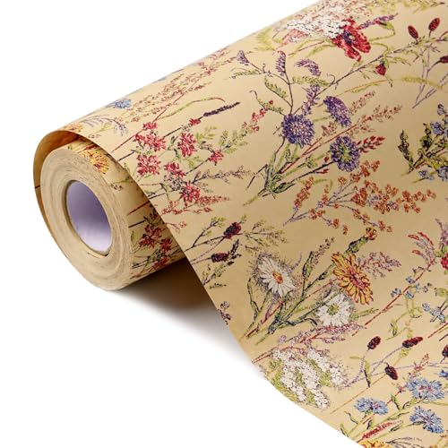Tyzarglef Wild Flower Wrapping Paper Roll, 17 Inches x 32.8 Feet Kraft Floral Design Wrapping Paper for Women Girls Gifts, Birthdays, Weddings, Bridal Shower and Engagement - Image 1