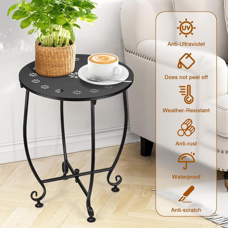 DARCKLE 14 Inch Outdoor Metal Side Table, Weather Resistant Small Round End Table for Patio, Yard, Balcony, Garden - Plant Stand Outside Modern Petal Design, - Image 5