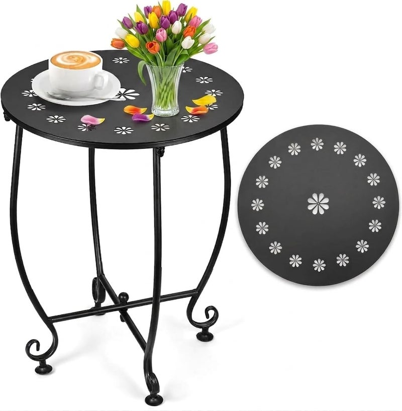 DARCKLE 14 Inch Outdoor Metal Side Table, Weather Resistant Small Round End Table for Patio, Yard, Balcony, Garden - Plant Stand Outside Modern Petal Design, - Image 1