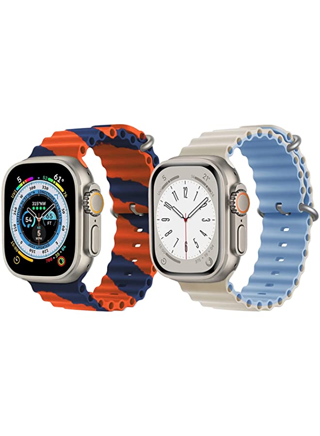 IAF Silicone Ocean Band Strap for Apple Watch Ultra 8 49mm Orange/Blue Double Line Strap with Beige/Sky Blue Double Side Strap Set of 2
