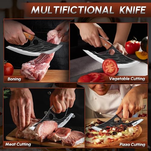 Huusk Japan Ulu Knife with Sheath - Christmas Gift for Men and Women - Hand Forged Caveman Ultimo Knife with Full Tang Wooden Handle - BBQ Knives for Vegetables, Fruit, Pizza - Gifts for Men and Women - Image 5