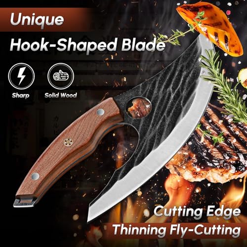 Huusk Japan Ulu Knife with Sheath - Christmas Gift for Men and Women - Hand Forged Caveman Ultimo Knife with Full Tang Wooden Handle - BBQ Knives for Vegetables, Fruit, Pizza - Gifts for Men and Women - Image 3