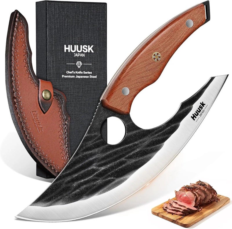 Huusk Japan Ulu Knife with Sheath - Christmas Gift for Men and Women - Hand Forged Caveman Ultimo Knife with Full Tang Wooden Handle - BBQ Knives for Vegetables, Fruit, Pizza - Gifts for Men and Women - Image 1