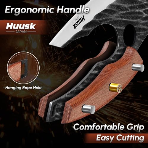 Huusk Japan Ulu Knife with Sheath - Christmas Gift for Men and Women - Hand Forged Caveman Ultimo Knife with Full Tang Wooden Handle - BBQ Knives for Vegetables, Fruit, Pizza - Gifts for Men and Women - Image 4