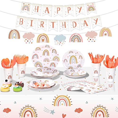 Hestya 145 Pcs Boho Birthday Party Supplies Include Rainbow Plates Tablecloth Cups Napkins Knives Forks Spoon Boho Happy Birthday Banner for Rainbow Baby Shower Party Decoration Supplies for 20 Guests - Image 1