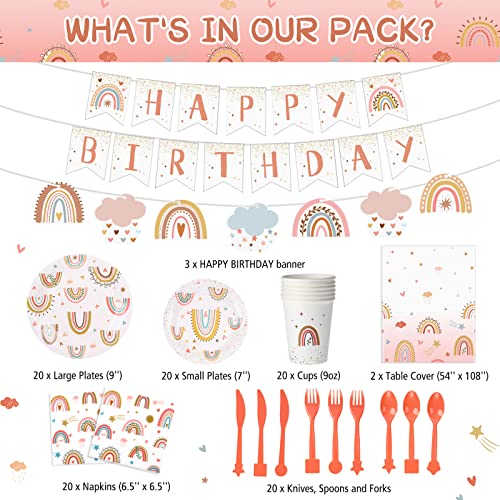 Hestya 145 Pcs Boho Birthday Party Supplies Include Rainbow Plates Tablecloth Cups Napkins Knives Forks Spoon Boho Happy Birthday Banner for Rainbow Baby Shower Party Decoration Supplies for 20 Guests - Image 5