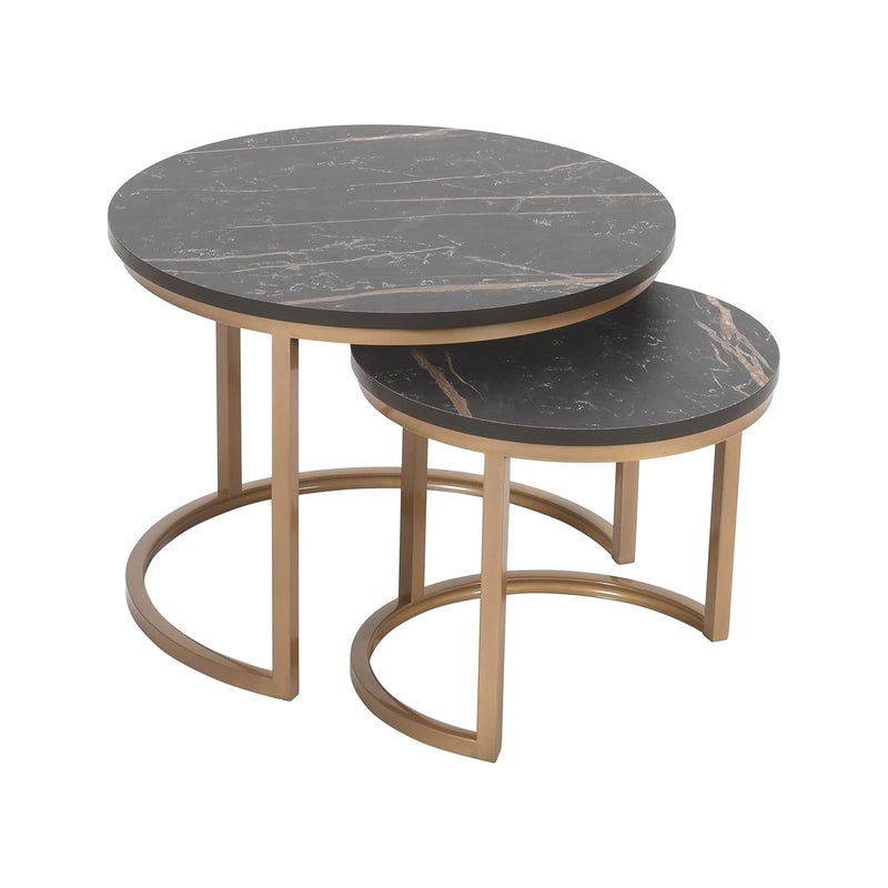 Priti - Golden Coffee Table Golden with Black Laminated Marble Table top Round Metal Table and Outdoor or Indoor, Accent for Living Room Bedroom Balcony and Office - Set of Two - Image 2