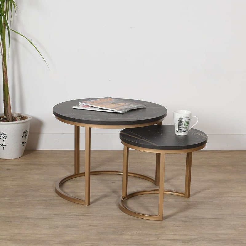 Priti - Golden Coffee Table Golden with Black Laminated Marble Table top Round Metal Table and Outdoor or Indoor, Accent for Living Room Bedroom Balcony and Office - Set of Two - Image 1